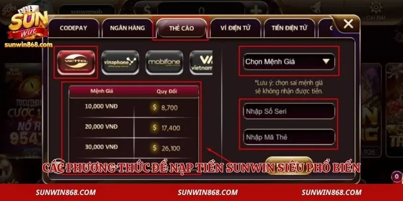 Nạp Tiền Sunwin 1 Các phương thức để nạp tiền Sunwin siêu phổ biến